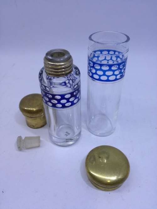 Brass collar vanity cut glass bottles - Look!!