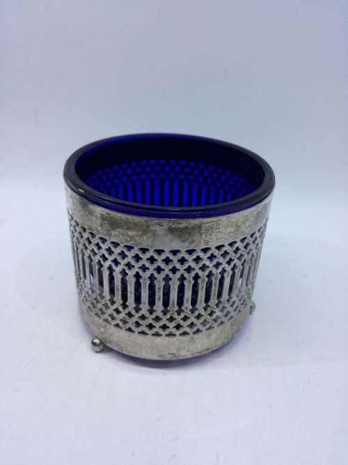 Silver plated bowl with blue glass inner