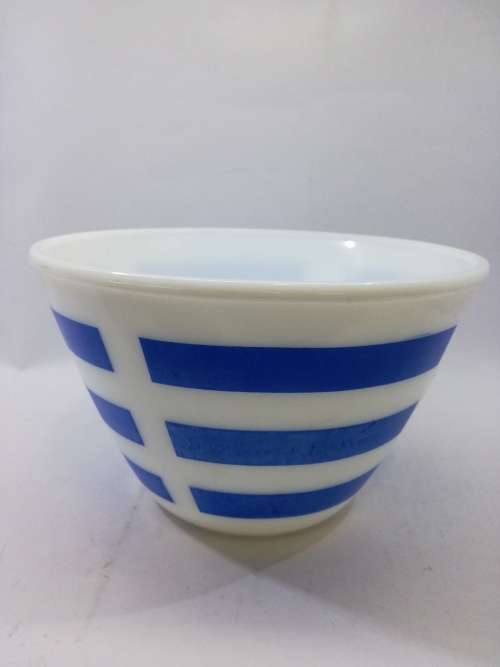 Blue striped milk glass mixing bowl