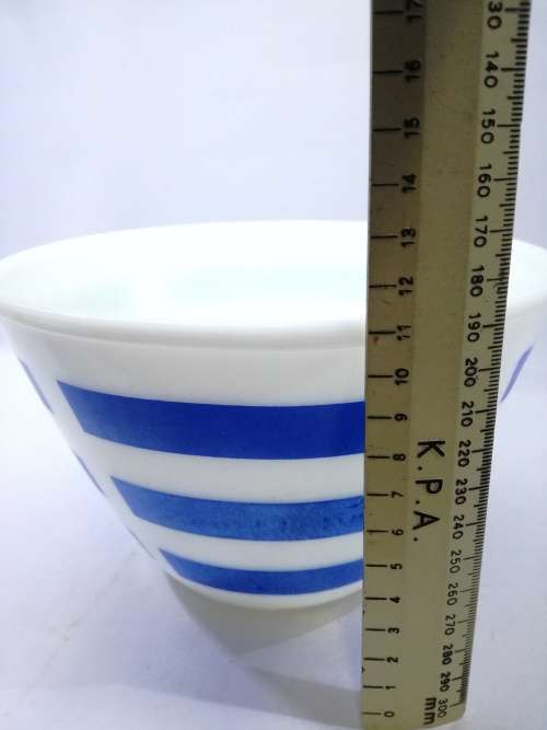 Blue striped milk glass mixing bowl