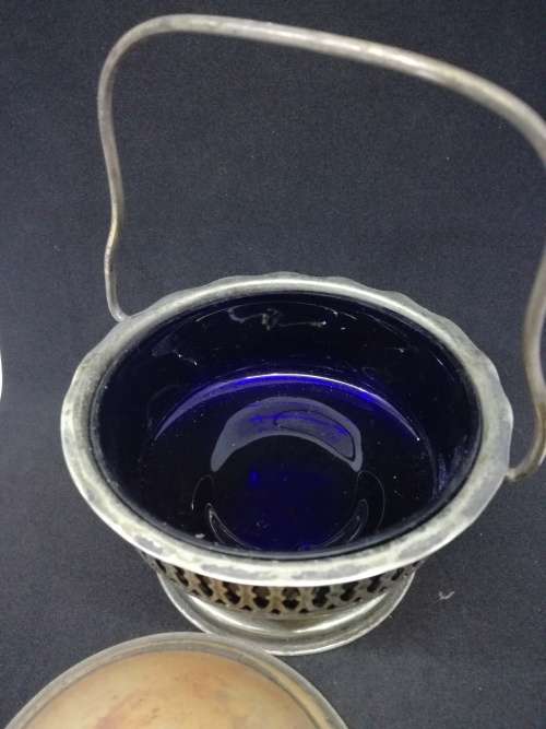 Vintage Jam holder with blue glass liner