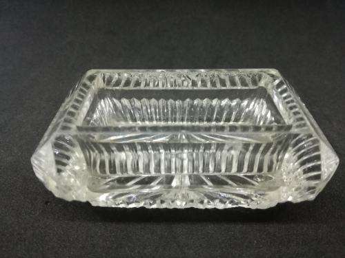 Small cut glass salt pot and spoon - the glass has a few small chips but still useable
