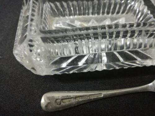 Small cut glass salt pot and spoon - the glass has a few small chips but still useable
