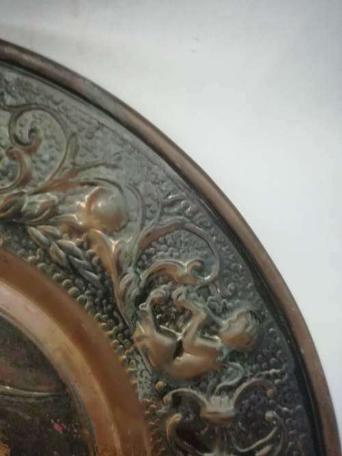 Big copper wall plate - embossed with geese and angels/cupids