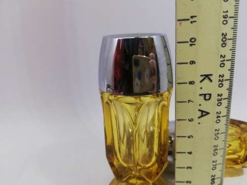 Retro Salt & Pepper Shakers. Vintage Amber Glass. One top damaged