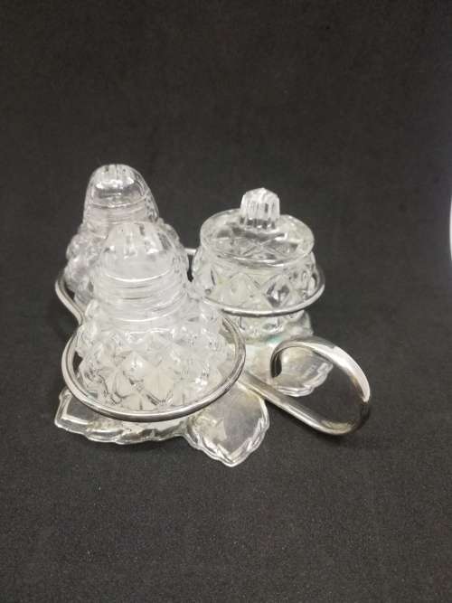 All glass salt, pepper and mustard set- silver plated on brass leaf