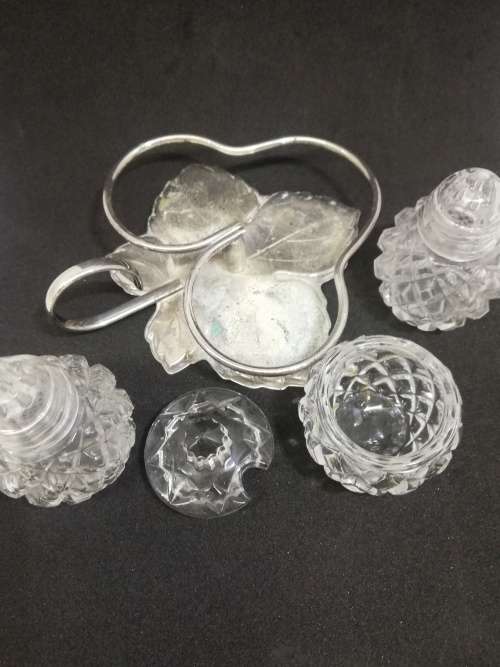 All glass salt, pepper and mustard set- silver plated on brass leaf
