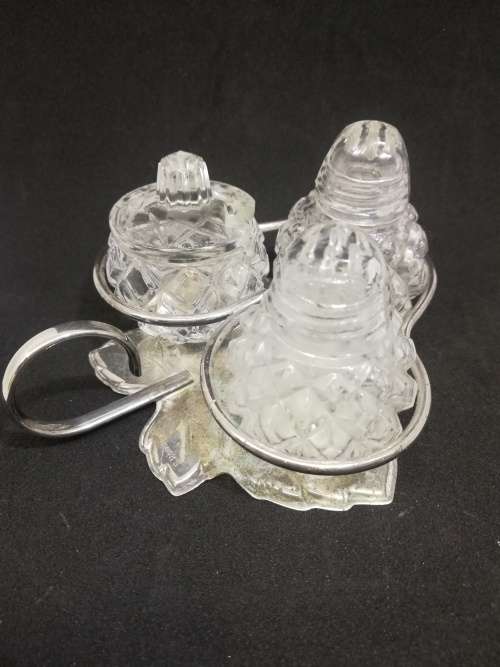 All glass salt, pepper and mustard set- silver plated on brass leaf
