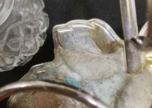All glass salt, pepper and mustard set- silver plated on brass leaf