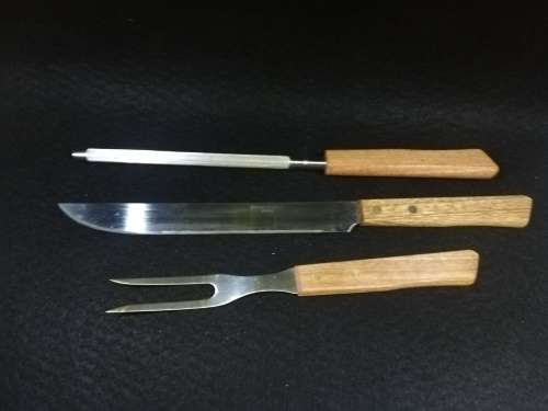 Carving set with knife sharpener  - Stainless steel Japan - wooden handles