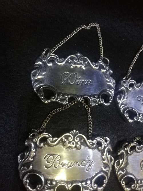 Silver Metal Ornate Liquor Bottle / Decanter Tags set (4)