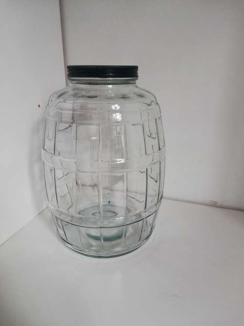Big Glass Barrel Jar over 30cm high with metal Lid