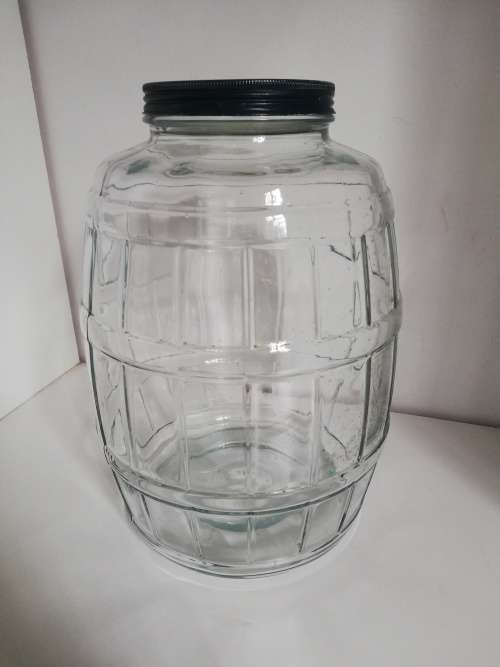 Big Glass Barrel Jar over 30cm high with metal Lid