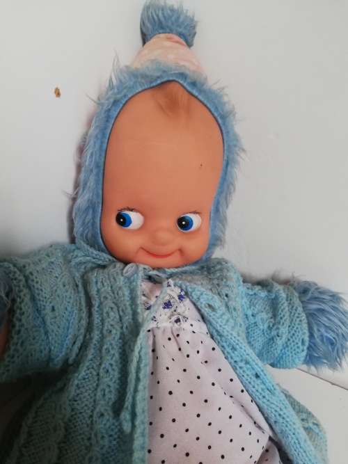 Vintage Pointy-Headed Soft Body Doll With Kewpie-Style Plastic Face
