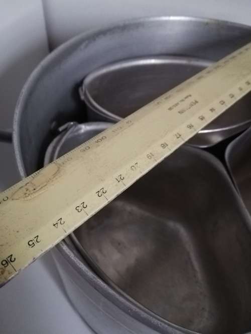 Vintage aluminum stock pot with small triangle pots to fit inside! Heavy duty