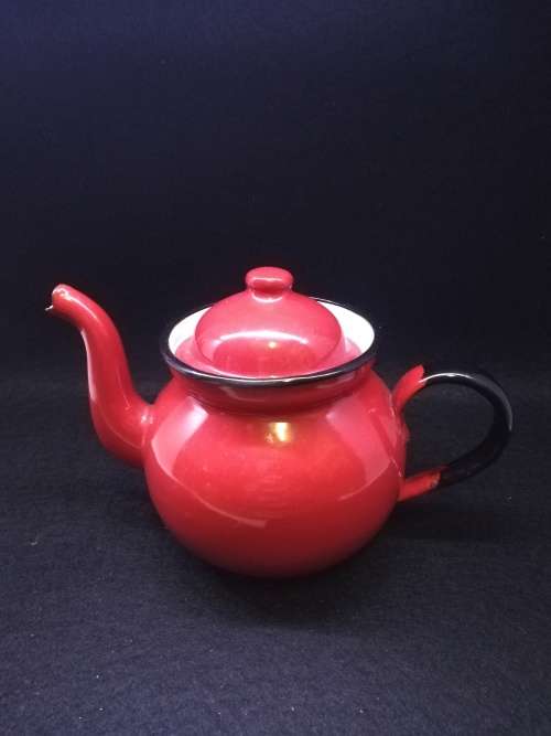 Red enamel round tea pot - made in Poland