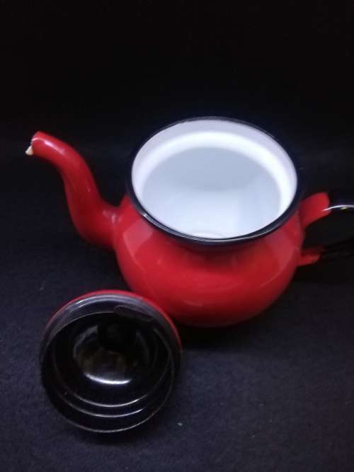 Red enamel round tea pot - made in Poland