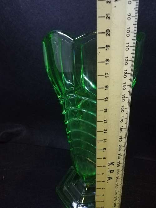Art Deco green Uranium glass vase Chevron design