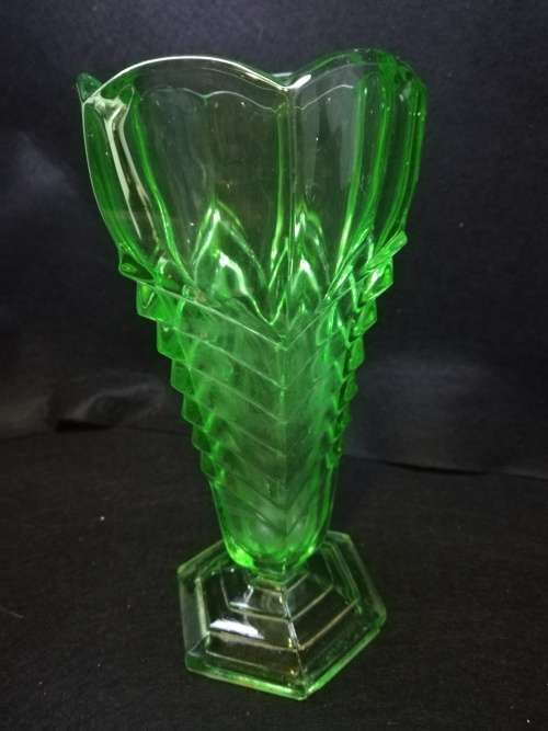 Art Deco green Uranium glass vase Chevron design