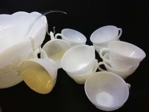 Milk glass punch bowl with 11 cups!