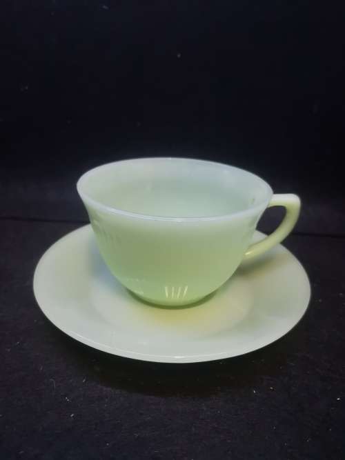 Green milk glass cup and saucer  unmarked Jadeite?