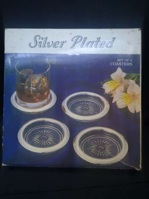 Silver plate and glass coasters