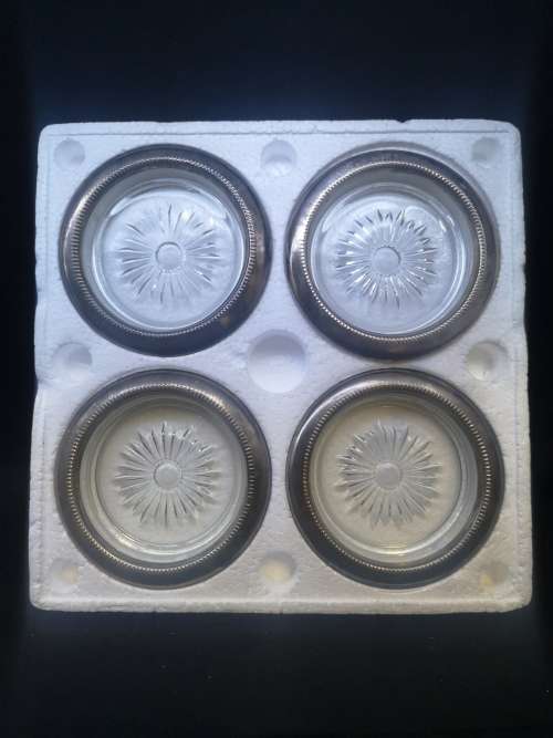 Silver plate and glass coasters