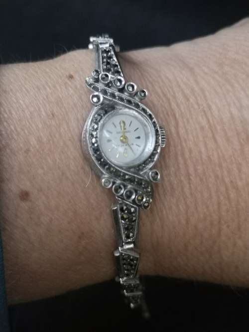 1950s sterling silver marcasite ladies  cocktail watch - working but needs service