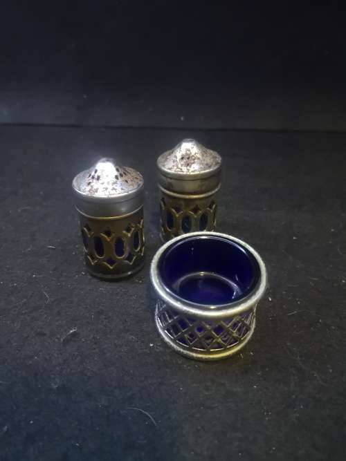 Vintage silver plated Salt and Pepper, mustard pot - lined with cobalt blue glass
