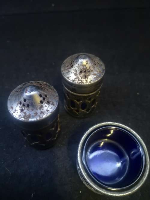 Vintage silver plated Salt and Pepper, mustard pot - lined with cobalt blue glass