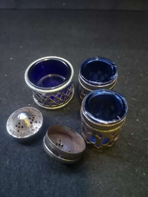 Vintage silver plated Salt and Pepper, mustard pot - lined with cobalt blue glass