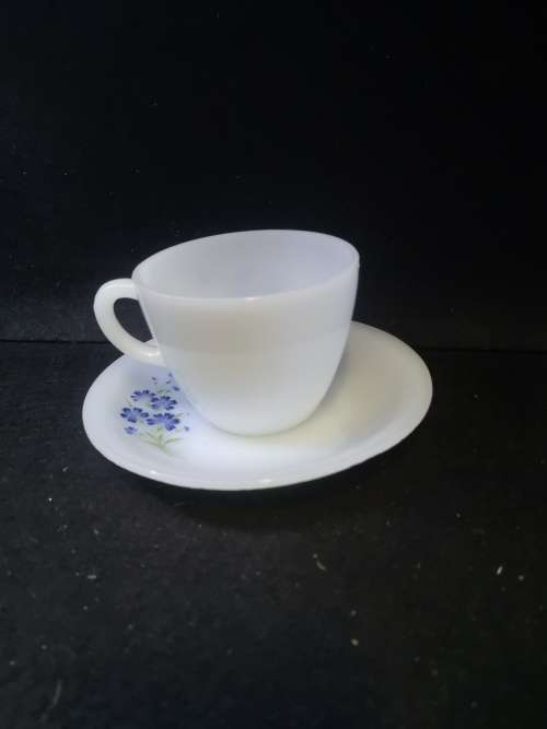 Opalex milk glass cup and saucer