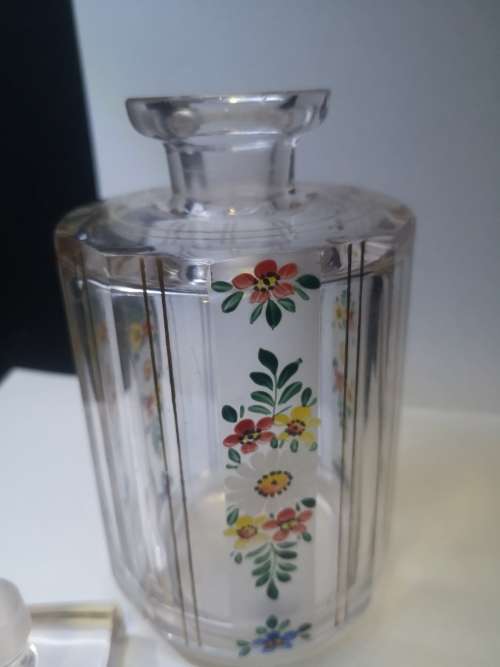 Gorgeous smallish hand painted heavy glass decanter - chips on the stopper only