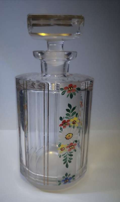 Gorgeous smallish hand painted heavy glass decanter - chips on the stopper only