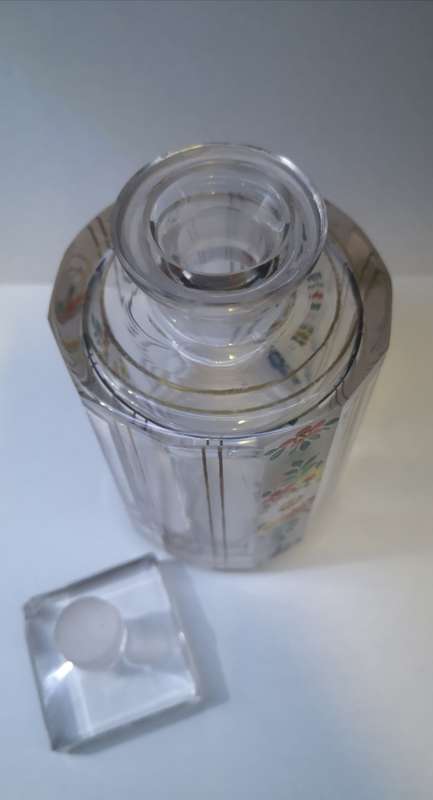 Gorgeous smallish hand painted heavy glass decanter - chips on the stopper only