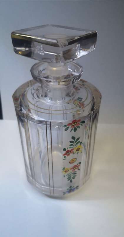 Gorgeous smallish hand painted heavy glass decanter - chips on the stopper only