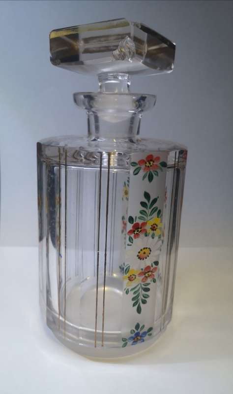 Gorgeous smallish hand painted heavy glass decanter - chips on the stopper only
