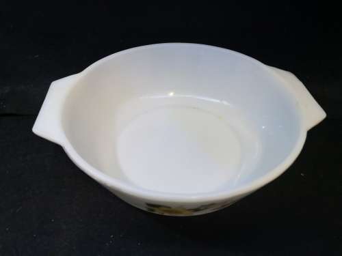 Milk glass JAJ bowl - fleabite chip on one handle