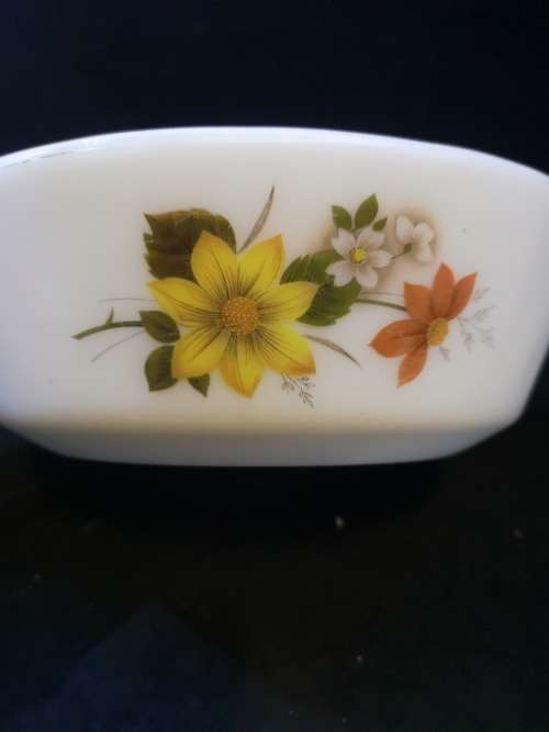 Milk glass JAJ bowl - fleabite chip on one handle