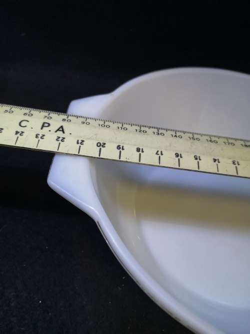 Milk glass JAJ bowl - fleabite chip on one handle