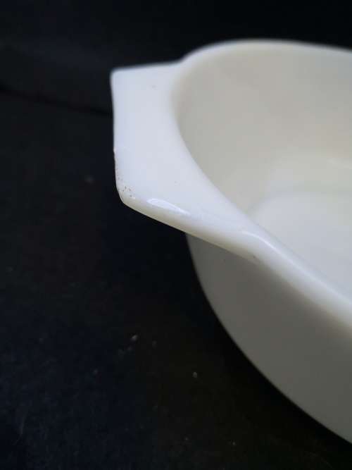 Milk glass JAJ bowl - fleabite chip on one handle