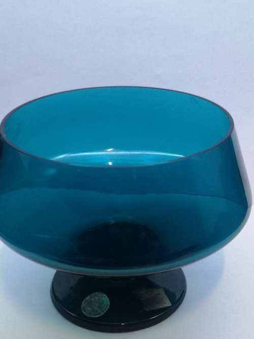 Turquoise footed glass bowl - fleabite chip on rim
