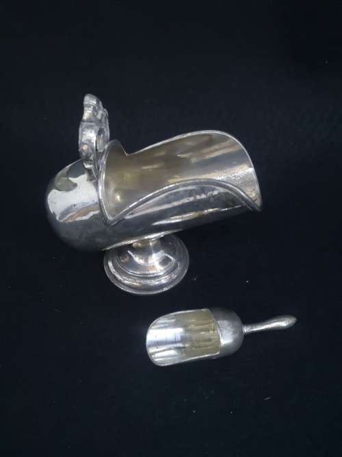 Silver plated helmet sugar bowl with scoop