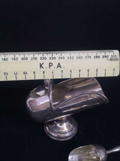 Silver plated helmet sugar bowl with scoop