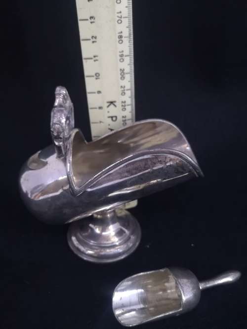 Silver plated helmet sugar bowl with scoop