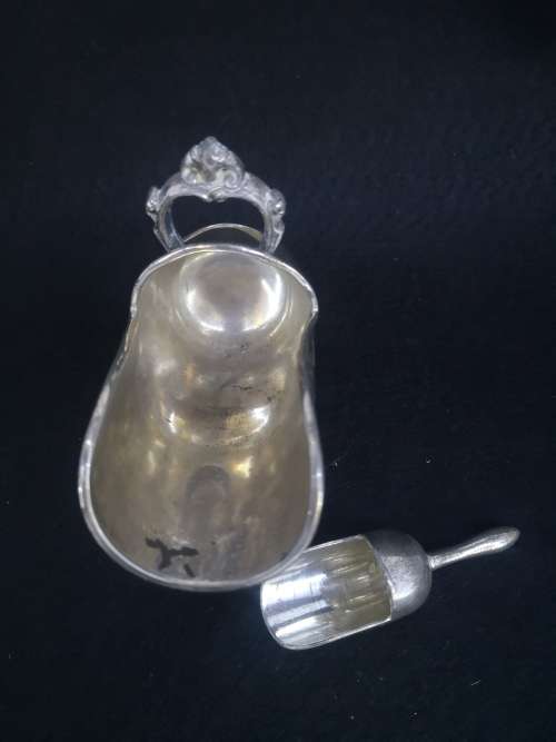 Silver plated helmet sugar bowl with scoop
