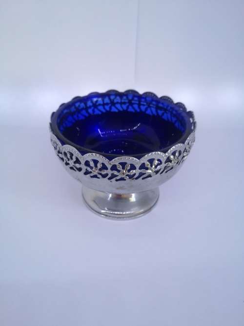 Chrome and cobalt blue glass sugar/sweet bowl