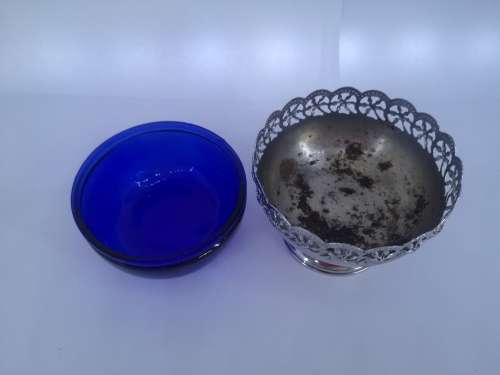 Chrome and cobalt blue glass sugar/sweet bowl