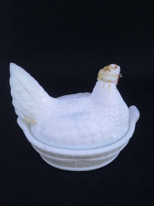 Milk glass chicken trinket
