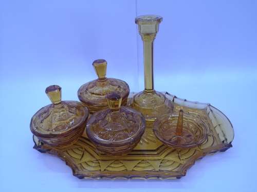 Amber glass vanity set on tray - LOOK!